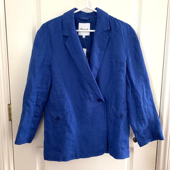 Madewell Double-Breasted Crossover Blazer in 100% Linen in Blue - Picture 5 of 13